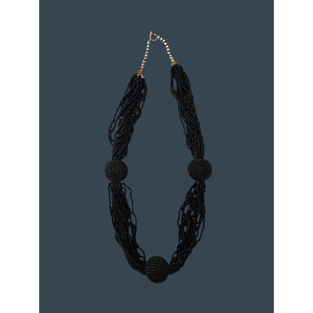Vintage Boho  Black Multi-Strand  Micro Beaded Necklace With Hand-Wrapped Sphere